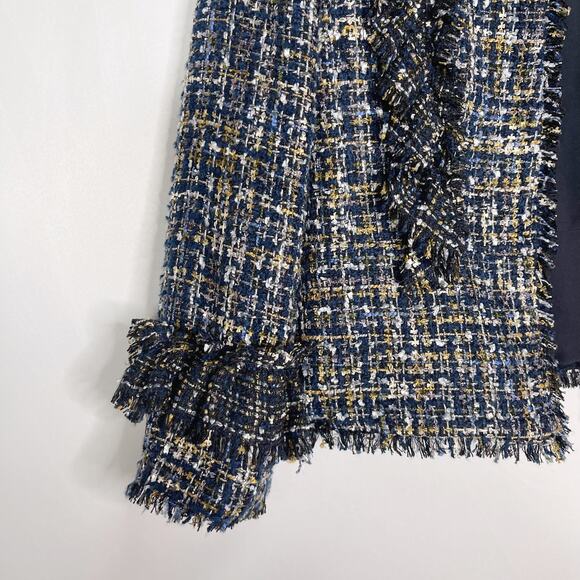 New Ann Taylor 4 Blue Black Ruffle Tweed Peplum Jacket Blazer Hook Eye Front - Picture 4 of 14